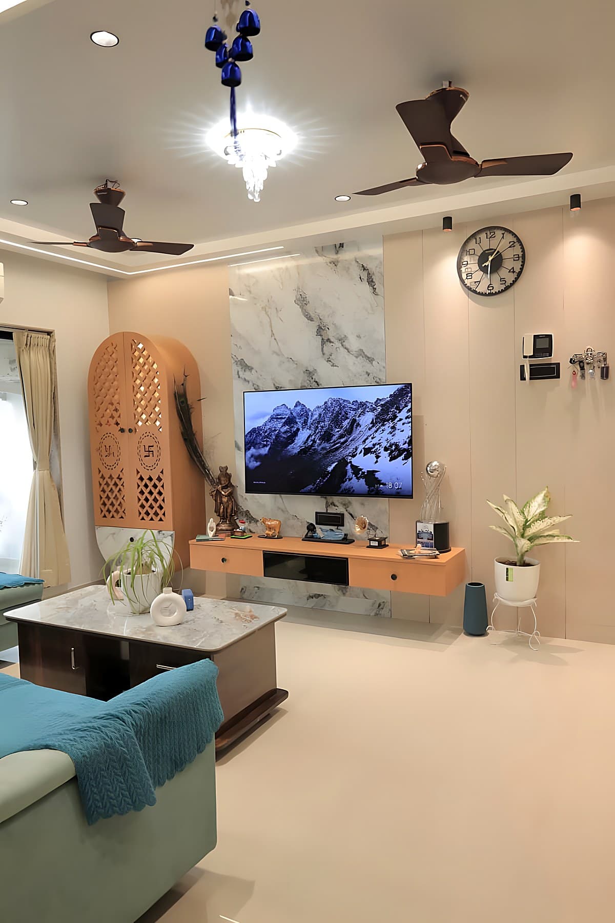 Living room — teal & jaali, photographed on site